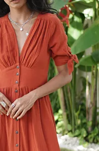 Robe longue en coton et lin pour femmes, manches courtes, coupe ample, col en V, décontractée, confortable, robe d'été - Product Image 5