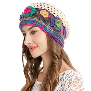 Gorro de invierno para mujer, tejido a mano con diseño floral, estilo bohemio, decoración con apliques, 100% acrílico, informal. - Product Image 6