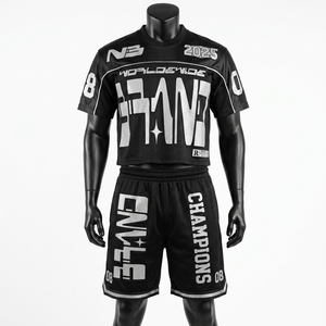 เสื้อยืดและกางเกงขาสั้นผ้าโพลีเอสเตอร์ตาข่ายพรีเมียม 160 GSM สีน้ำเงินทอง พร้อมแผงข้างสีทอง  รับสกรีนโลโก้ตามแบบ สำหรับชุดผู้ชาย - Product Image 3