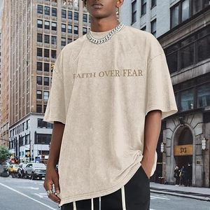 เสื้อยืดโอเวอร์ไซส์ลายกราฟิกพระเยซูสำหรับผู้ชาย Faith Over Fear - ผ้าฝ้าย 100% พิมพ์ลายดิจิทัล ล้างสีแบบ Acid Wash - Product Image 6