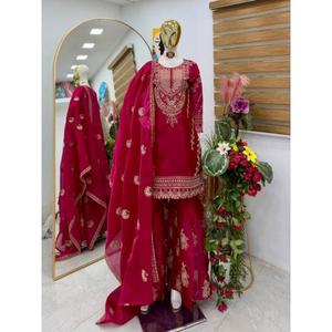 New Designer Party <b>Top</b> Palazzo Dupatta Set with satin work embossed designs - Product Image 1