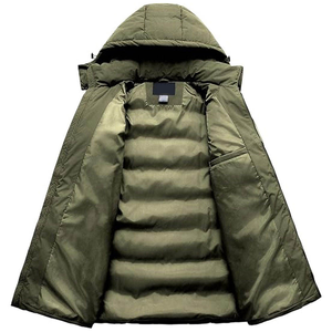 Veste longue à capuche pour homme, vert olive, coupe-vent, épaisse, matelassée, hiver, col montant, poches avant à fermeture éclair camouflage - Product Image 3