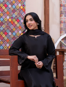 Women's <b>Black</b> Cotton Modest <b>Floor</b>-<b>Length</b> <b>Dress</b> With Embroidered Sleeves And Neckline For Casual Wear India Pakistan Style - Product Image 1