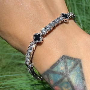 925 <b>Silver</b> Moissanite Clover <b>Bracelet</b> Diamond Tennis Chain Luxury Womens Elegant Black Flower Charm <b>Adjustable</b> Jewelry - Product Image 1