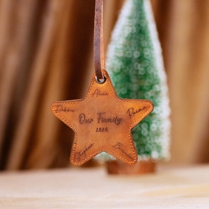 Custom Engraved Leather <b>Christmas</b> Ornaments Featuring Family Name & Festive Shapes With Leather Hanging Straps For Holiday Decor - Product Image 4