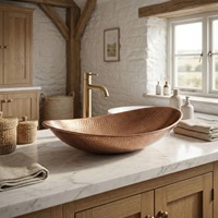 Évier en cuivre fait main avec finition martelée, à poser sous plan, à cuve unique, rond, design moderne et durable, surface polie