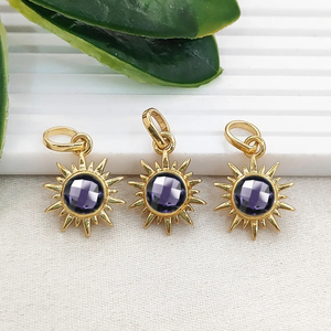 Colgante Redondo de Tanzanita y Cuarzo con Forma de Sol, Chapado en Oro, con Engaste de Collet, Joyería de Tanzanita y Cuarzo, Colgante de Gema de 6mm con Forma de Sol - Product Image 1