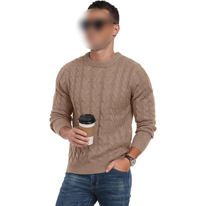 Mens Khaki Brown Cotton <b>Cable</b> <b>Knit</b> Pullover <b>Sweater</b> Winter Standard Warm Crewneck Jumper Front Logo - Product Image 2