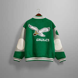 เสื้อแจ็คเก็ตวาร์ซิตี้สีเขียวสำหรับผู้หญิง ผ้าขนสัตว์ผสม แจ็คเก็ตเบสบอลแบบ Letterman สำหรับวิทยาลัย แขนเสื้อตัดสี  โลโก้สั่งทำได้ รับผลิตแบบ OEM - Product Image 6