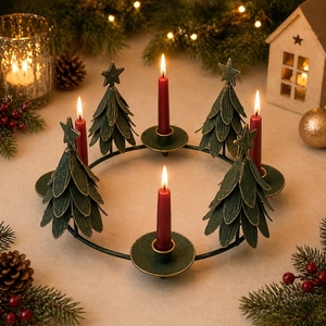 Distressed <b>Green</b> Metal Christmas Tree <b>Candle</b> Holder Ring Featuring Four Star-Topped Trees And <b>Candle</b> Cups For Holiday Decoration - Product Image 2