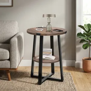 <b>Modern</b> Round Wood Side Table with Metal Legs and Storage <b>Shelf</b> Living Room Furniture with charging socket - Product Image 4