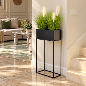 Black Metal Rectangular Planter with <b>Tall</b> Stand Modern Minimalist Flower Box Holder for Indoor Outdoor Garden Living Room - Product Image 1