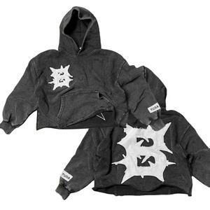 Nouveau design en détresse sweat à capuche brodé pour hommes poids lourd lavage à l'acide Patchwork ourlet brut 100% coton grande taille anti-rétrécissement - Product Image 2