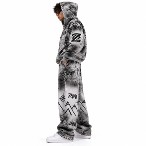 Ensemble survêtement gris à capuche pour homme, coupe ample, style streetwear, sweat-shirt et pantalon avec poches latérales, idéal pour l'automne - Product Image 5