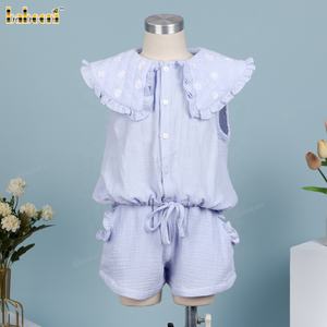 Blue ODM Wholesale Girls Clothing Sets Casual Smocked with Character Pattern Hand Embroidered Floral Collar 100% Cotton-DR4079 - Product Image 6