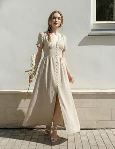 เสื้อผ้าแฟชั่นมาแรงปี 2023 เสื้อผ้าผู้หญิงสไตล์โบโฮ ผ้าลินิน คอวี ติดกระดุม ชุดเดรสทรงเอไลน์ยาวปานกลาง ชุดเดรสผ้าลินินติดกระดุมด้านหน้าสำหรับผู้หญิง - Product Image 3