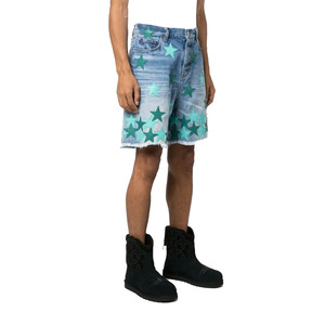 Short en jean délavé Lynx pour homme, broderie étoile verte, taille mi-haute, ourlet effiloché, décontracté, respirant, 100 % coton, streetwear - Product Image 1
