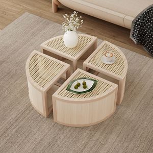 Tavolino da Caffè Modulare in 4 Pezzi, Rattan Naturale Chiaro, da Rotondo a Quadrato con Vano Portaoggetti - Product Image 2