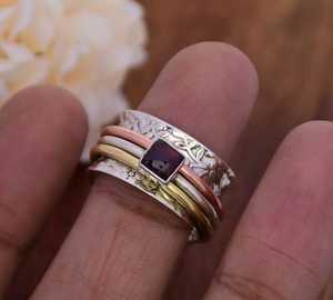 Wholesale Natural Red <b>Garnet</b> Spinner <b>Ring</b> 925 Sterling <b>Silver</b> Handmade Rotating Fidget <b>Ring</b> Vintage Beaded Red Gemstone <b>Ring</b> - Product Image 1