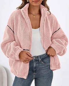 Chaqueta de Forro Polar Rosa con Cierre, Cuello Alto, Manga Larga, Abrigo Cálido de Invierno para Mujer, Color Sólido con Ribete en Contraste - Product Image 5