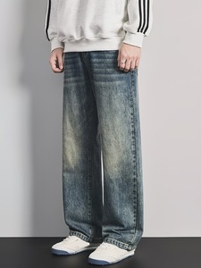 Vaqueros de mezclilla de pierna ancha teñidos estilo vintage para hombre |   Pantalones Azules Holgados de Corte Relajado |   Pantalones Vaqueros Retro de Pierna Recta para un Estilo Casual y Urbano - Product Image 1
