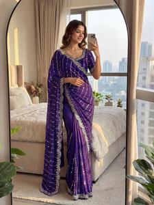 Indian Traditional Ethnic Satin Silk Saree Sequins Embroidery Work Recycled Materials for Wedding Occasion Women's Partywear - Product Image 5
