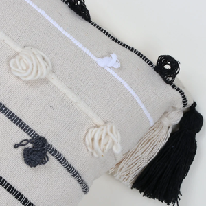 Hand Loom Woven Off <b>White</b> and Black Chunky Loop Stripe Tassel Boho Cushion Cover Textured Decorative <b>Pillow</b> <b>Case</b> for Home Decor - Product Image 2