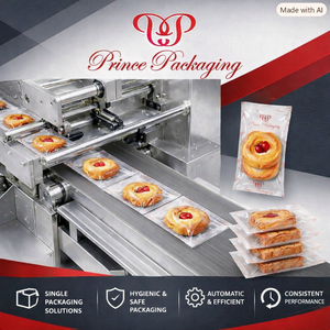 Machine d'emballage alimentaire entièrement automatique pour pâtisseries danoises et croissants, avec PLC et remplissage solide, pour conditionnement en sachet coussin - Product Image 1