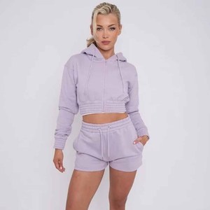 Women's Lavender Hooded Cropped Sweatshirt <b>Set</b> With <b>Shorts</b> Solid Color Casual Sportswear Full Sleeve Fleece Material spring wear - Product Image 5
