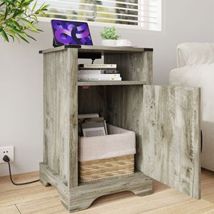 Light Grey Rustic Wooden Farmhouse Nightstand <b>Tall</b> Bedside <b>Table</b> with Electrical Outlets and Charging Station - Product Image 6