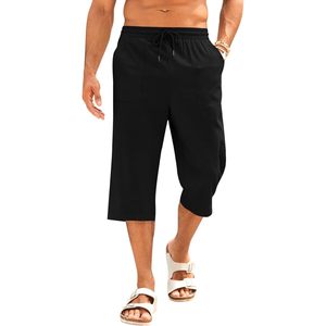 Pantalones Capri de lino ligeros informales para hombre 2025, pantalones cortos de Yoga de playa con cordón de cintura elástica 3/4 con bolsillos, teñido liso - Product Image 1