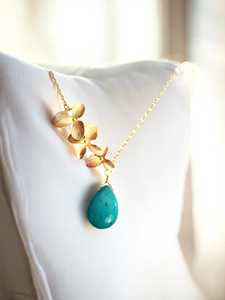 Collier turquoise, fleur d'orchidée, bijoux faits à la main, argent sterling 925, plaqué or 14 carats, pierres précieuses bohèmes, cadeau pour femme - Product Image 5