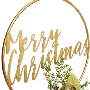 Couronne dorée élégante avec inscription Joyeux Noël, boules brillantes et brindilles de pin, décoration murale festive pour les fêtes - Product Image 5
