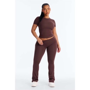 Women Yoga Set 2 Piece Square Neck Crop Top High Waist <b>Leggings</b> Solid <b>Black</b> Seamless Activewear - Product Image 3