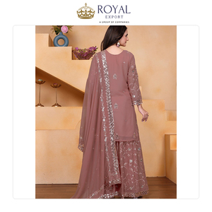 Collection de vêtements indiens de créateurs pour occasions festives, en faux georgette avec broderies de sequins, ensemble sharara, en promotion. - Product Image 6