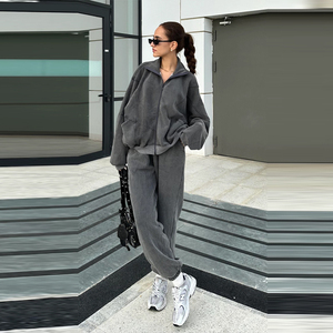 Combinaison zippée en polaire gris surdimensionnée, coupe classique, col montant, unisexe, pour l'automne - Product Image 3