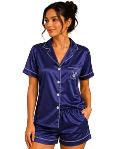 Manufacturer Custom Navy Blue Satin Pajama Set Women Silk Sleepwear Embroidered Pocket Short Sleeve Soft Lounge Nightwear Set - Product Image 1
