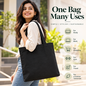 Black Canvas Tote <b>Bag</b> 16x14 Inches Open Top Minimalist Style Daily Use <b>Shoulder</b> <b>Strap</b> Shopping <b>Bag</b> - Product Image 5