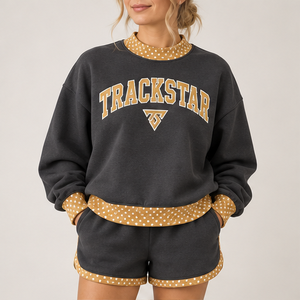 Ensemble short 2 pièces pour femme, col montant, avec bordure à pois contrastante anthracite, vêtements de sport décontractés personnalisés - Product Image 1