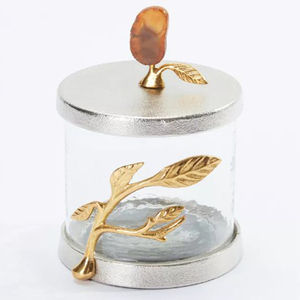 Newest Design Embossed Texture Canister <b>Jar</b> Set of 2 Stainless Steel Metal Round Shape with Golden Finish Plastic Material - Product Image 6