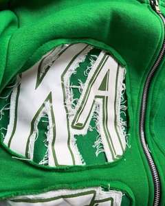 Sweat à capuche surdimensionné personnalisé avec fermeture éclair intégrale, en coton épais de qualité supérieure, avec patch lettre appliqué, style streetwear, effet vieilli - Product Image 2