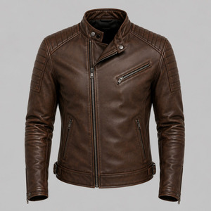 Blouson moto homme en cuir véritable marron, col montant, fermeture éclair, coupe ajustée, style motard, pour l'automne - Product Image 3