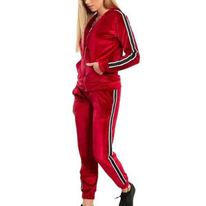 Hot Sale Women Red Velvet Tracksuit <b>Set</b> Hooded Full Sleeve Zipper Solid Color Casual Wear Winter Style Tracksuit For Ladies - Product Image 2