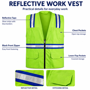 Chaleco de Seguridad Reflectante con Diseño de Tiras de Alta Visibilidad, Ropa de Trabajo Unisex de Algodón y Poliéster para Construcción y Seguridad Personal - Product Image 6