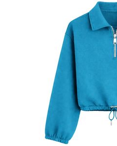 Sweat-shirt court zippé pour femme, bleu ciel, personnalisé par le fabricant, décontracté, avec cordon de serrage à l'ourlet, en molleton doux, coton et polyester - Product Image 2