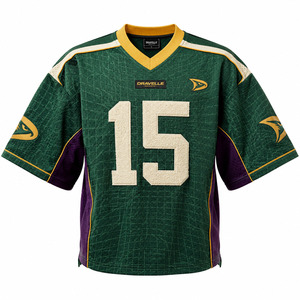 DRAVELLE Men's V-Neck Short Sleeve Soccer Jersey <b>Mesh</b> 100% Polyester Tackle Twill Print Number 15 Green Purple Gold - Product Image 1