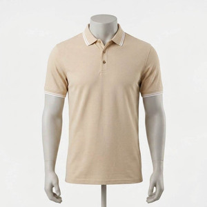 Polo de Piqué de Algodón Beige de Manga Corta para Hombre, Corte Regular, Informal, Transpirable, Diseño Sólido, Cierre de Botones - Product Image 1