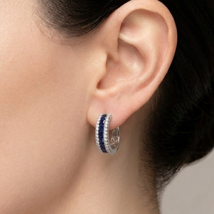 Luxury 18K <b>Solid</b> White <b>Gold</b> <b>Huggie</b> Hoop Earrings Natural Blue Sapphire Princess Cut Channel Set Diamond For Daily Elegant Wear - Product Image 3