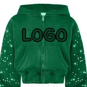 Conjunto de chándal verde con capucha y logo con purpurina, manga larga, corte holgado, ropa informal para mujer, temporada de otoño - Product Image 5