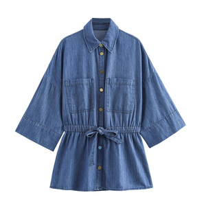 Camisa de Mezclilla con Lazo Delantero para Mujer, Blusa Informal de Manga Larga, Suave y Lavada, Top de Moda para Vacaciones de Verano y Uso Diario - Product Image 1